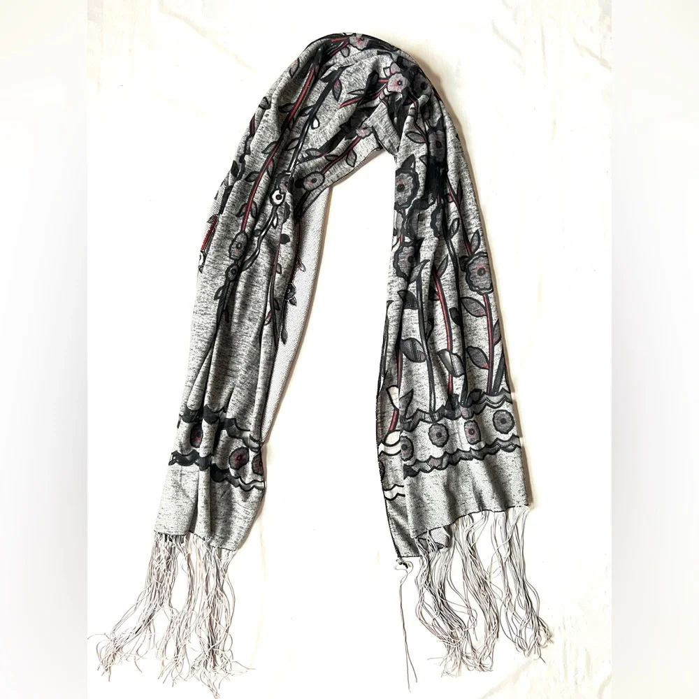 Floral Gray Scarf Fringe reversible silky flowy Black silver Sparkly lightweight